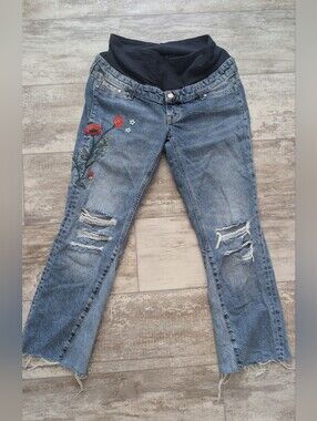 Embroidered Straight Leg Maternity Jeans in Light Blue